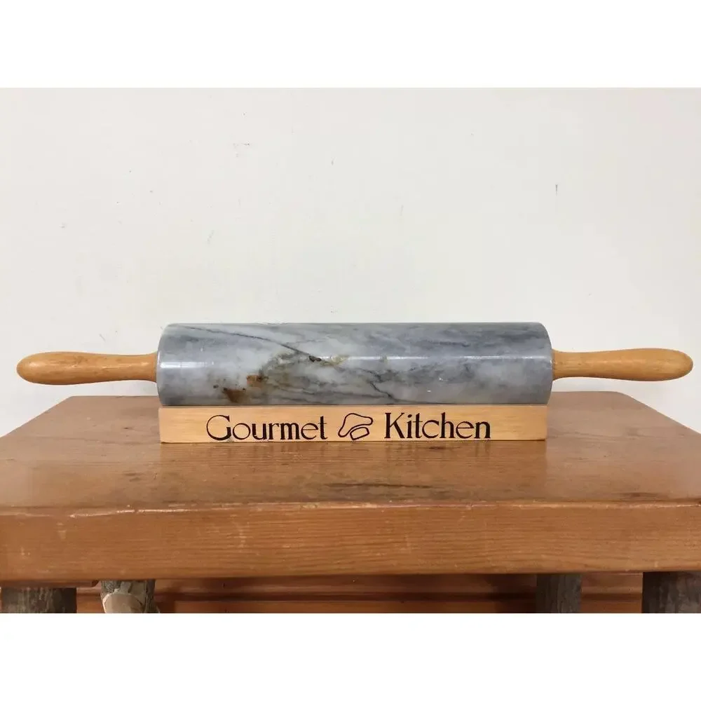 Vtg Gourmet Kitchen Himark Solid Marble Pastry Dough Baking Rolling Pin w Stand